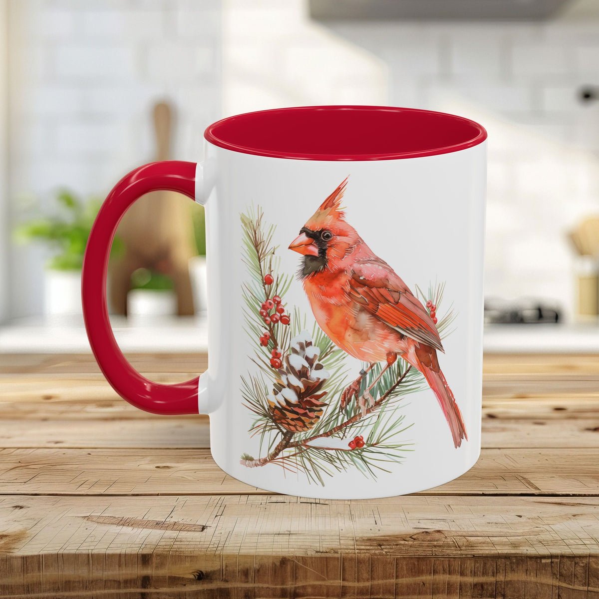 Red Cardinal on Snowy Evergreen Mug (11/15oz)