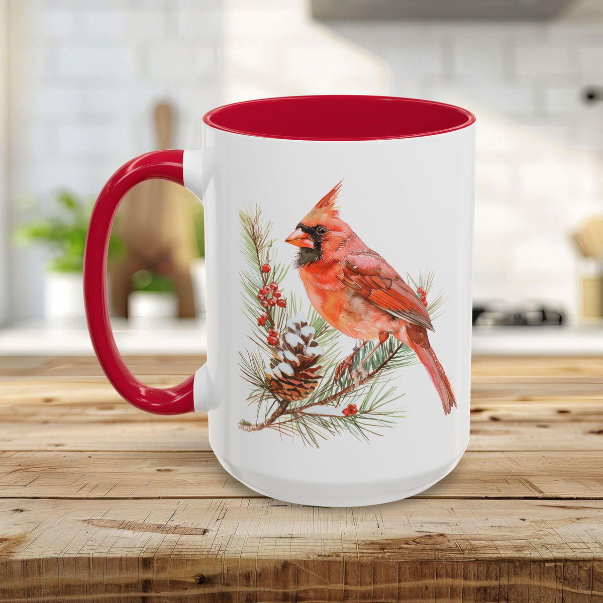 Red Cardinal on Snowy Evergreen Mug (11/15oz)