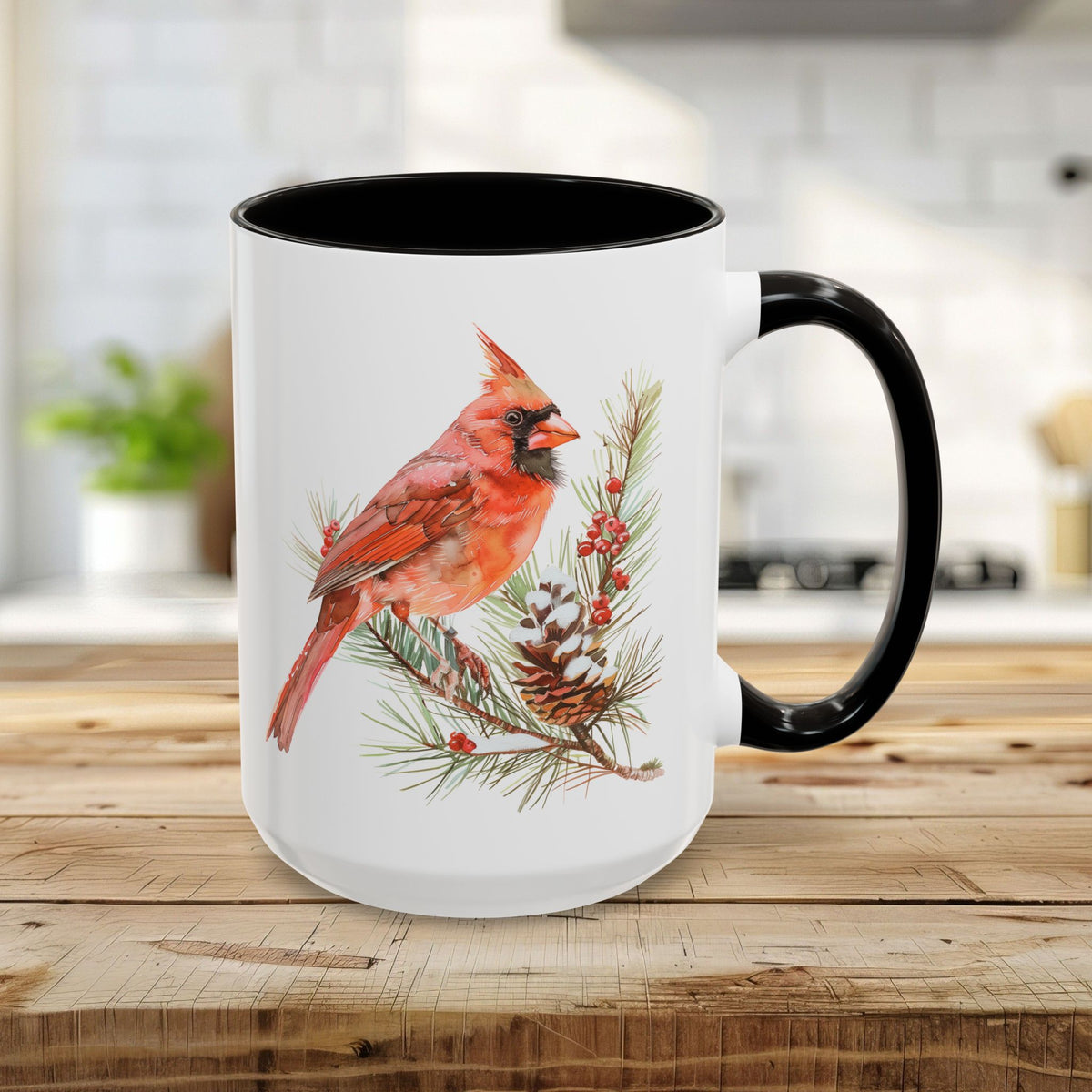 Red Cardinal on Snowy Evergreen Mug (11/15oz)