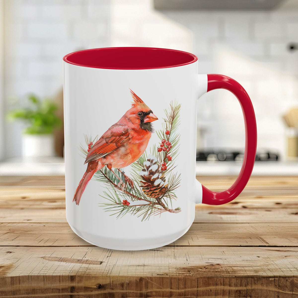Red Cardinal on Snowy Evergreen Mug (11/15oz)