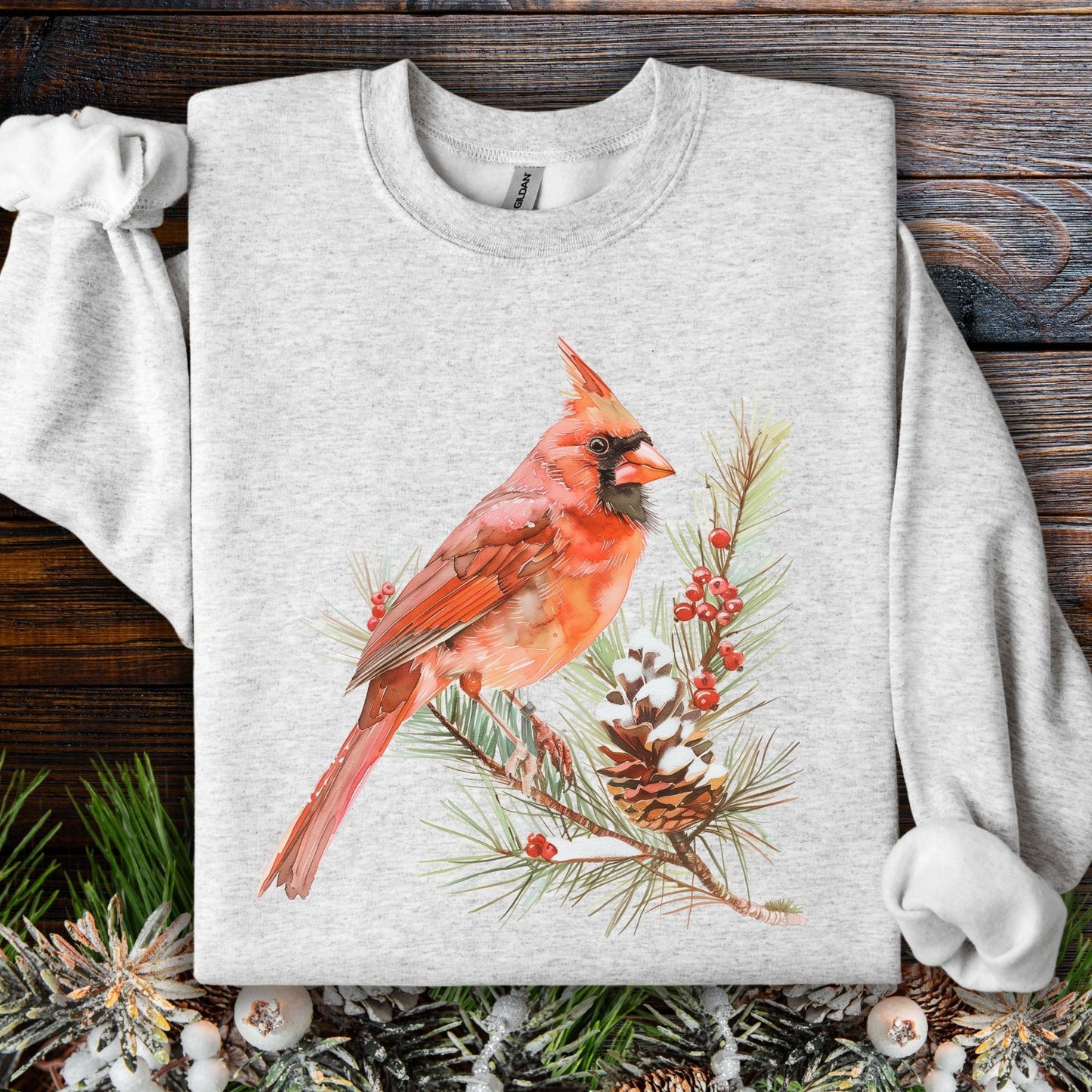 Red Cardinal on Snowy Evergreen Sweatshirt