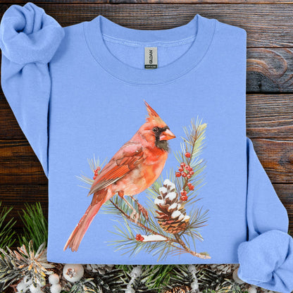 Red Cardinal on Snowy Evergreen Sweatshirt