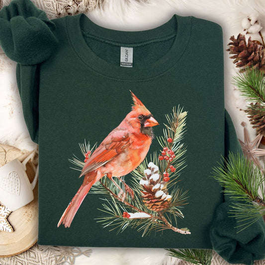 Red Cardinal on Snowy Evergreen Sweatshirt