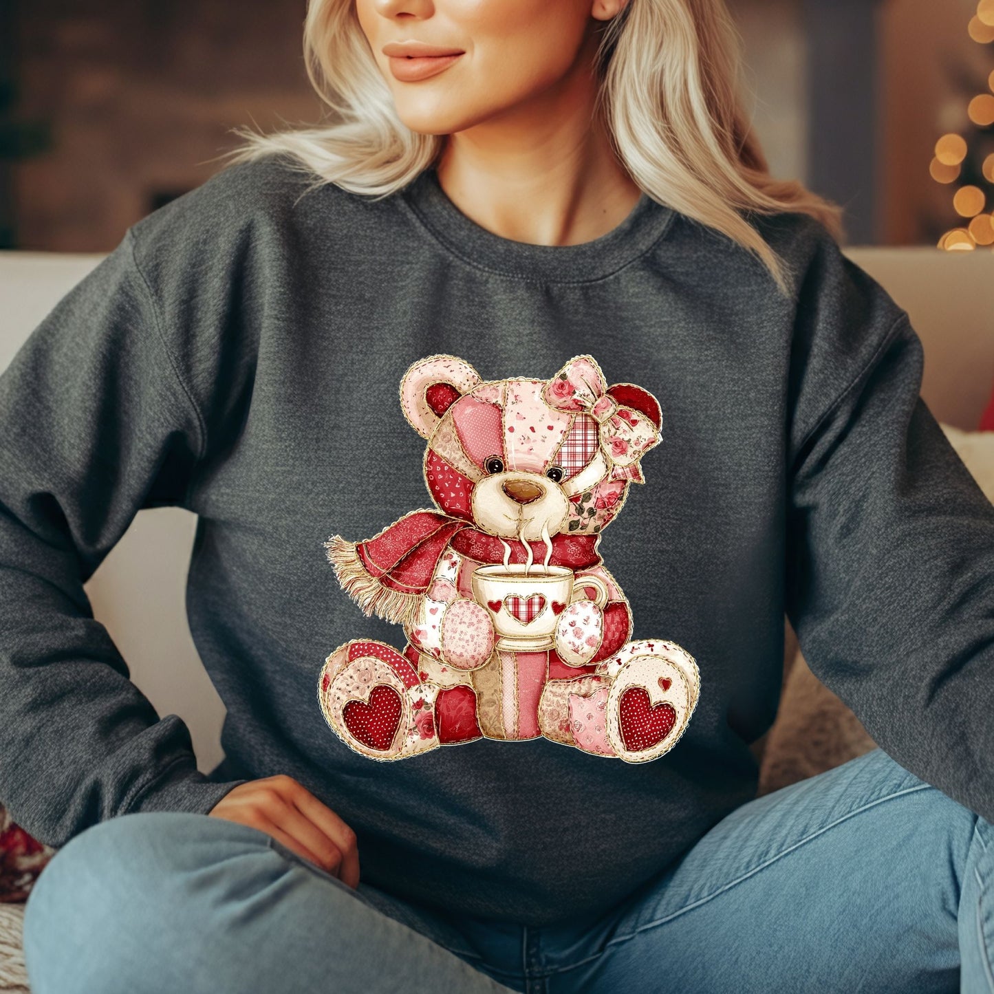 Red Patchwork Country Teddy Bear Sweatshirt