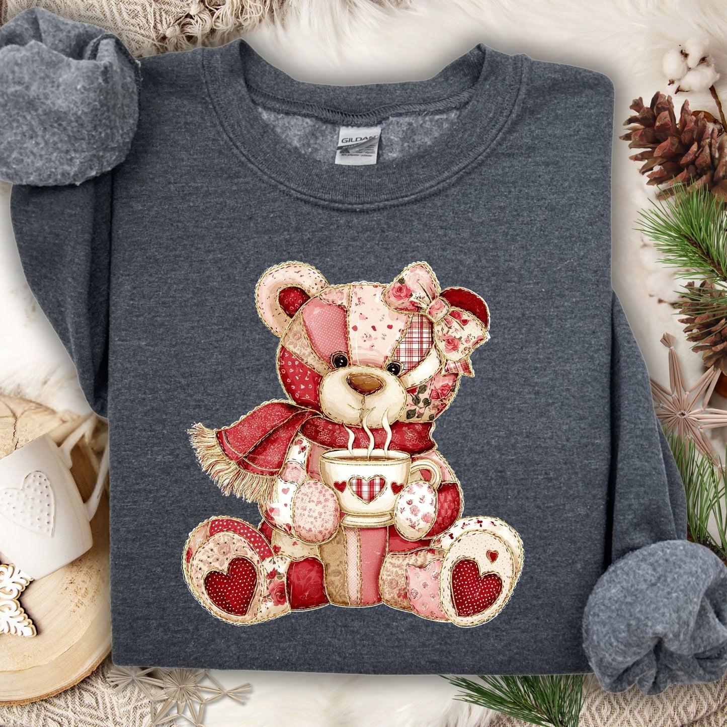 Red Patchwork Country Teddy Bear Sweatshirt