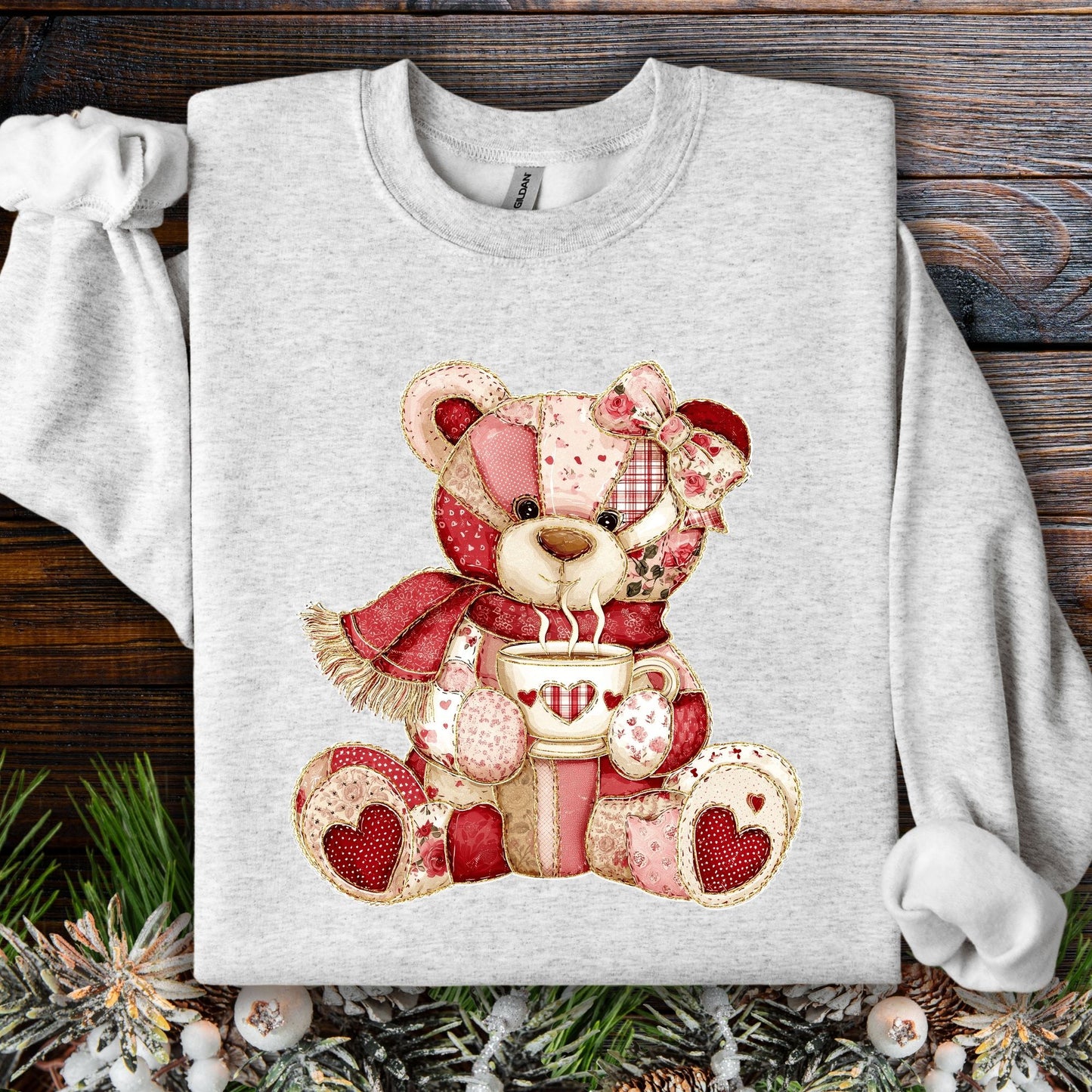 Red Patchwork Country Teddy Bear Sweatshirt