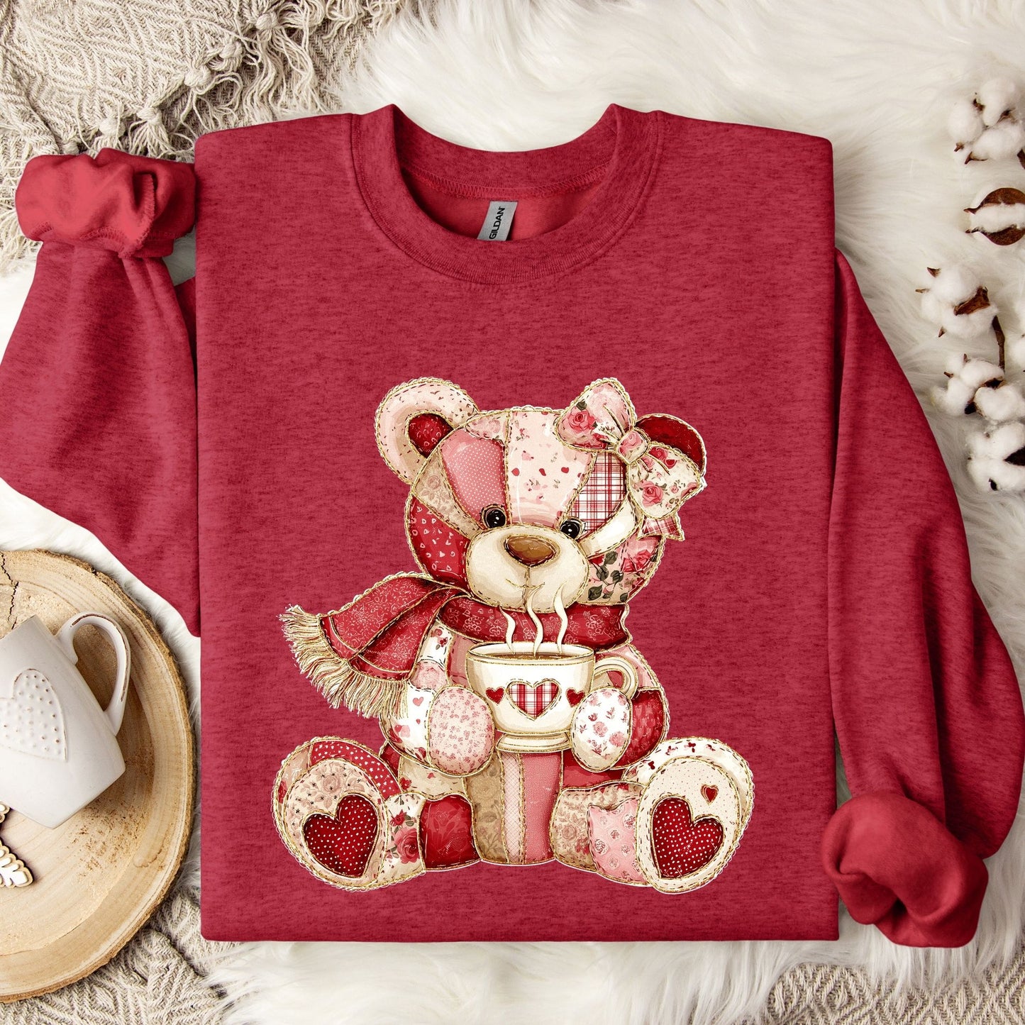 Red Patchwork Country Teddy Bear Sweatshirt