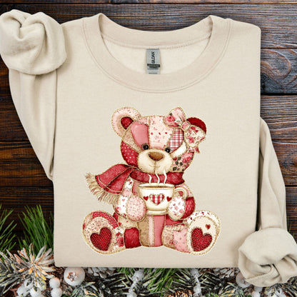 Red Patchwork Country Teddy Bear Sweatshirt