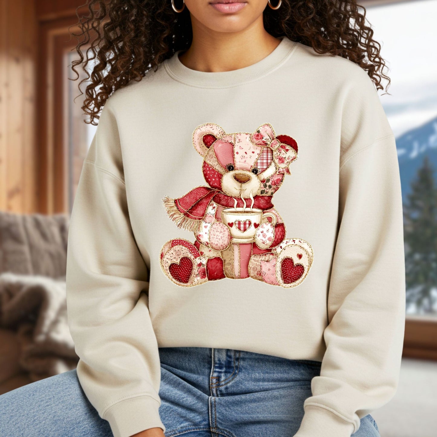Red Patchwork Country Teddy Bear Sweatshirt