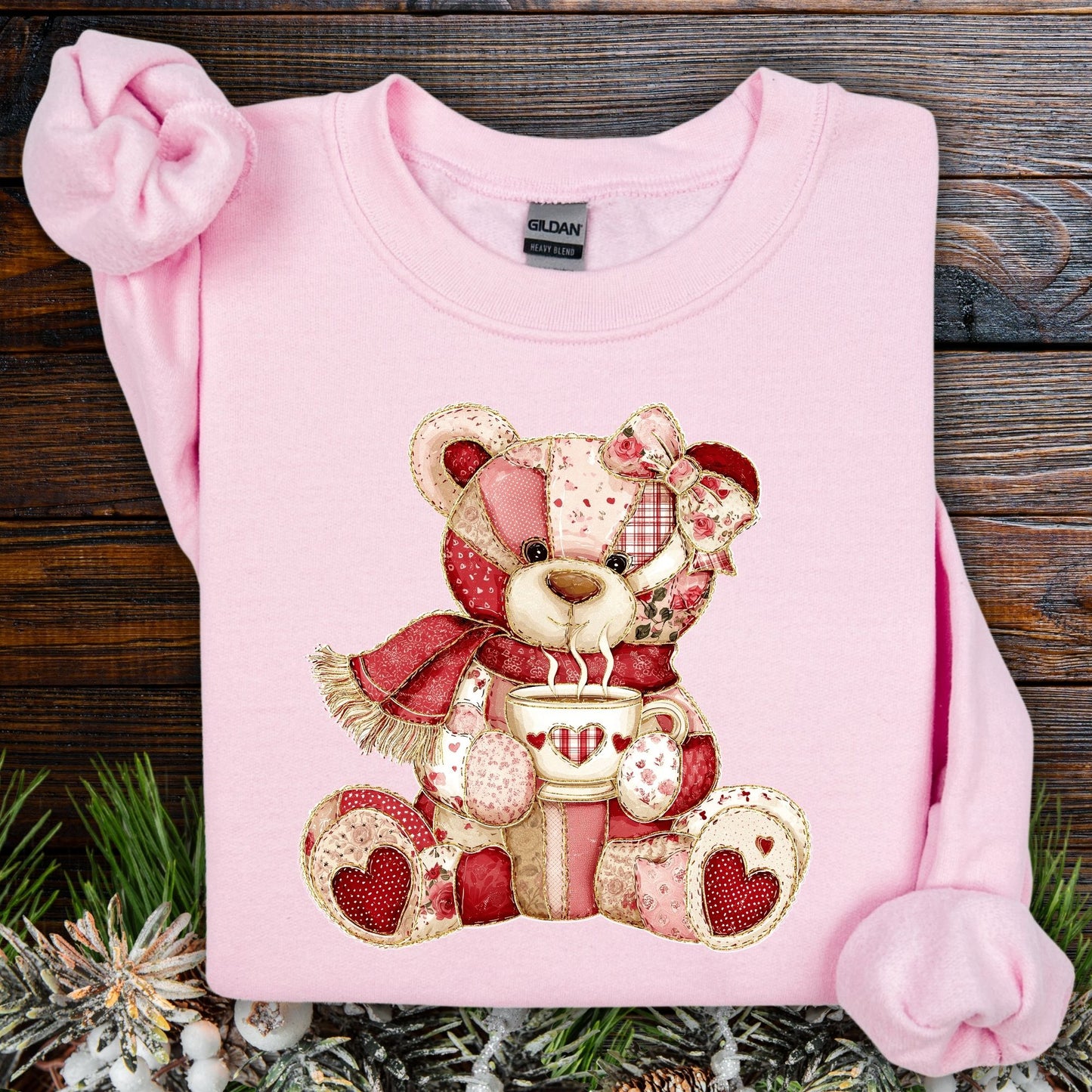 Red Patchwork Country Teddy Bear Sweatshirt