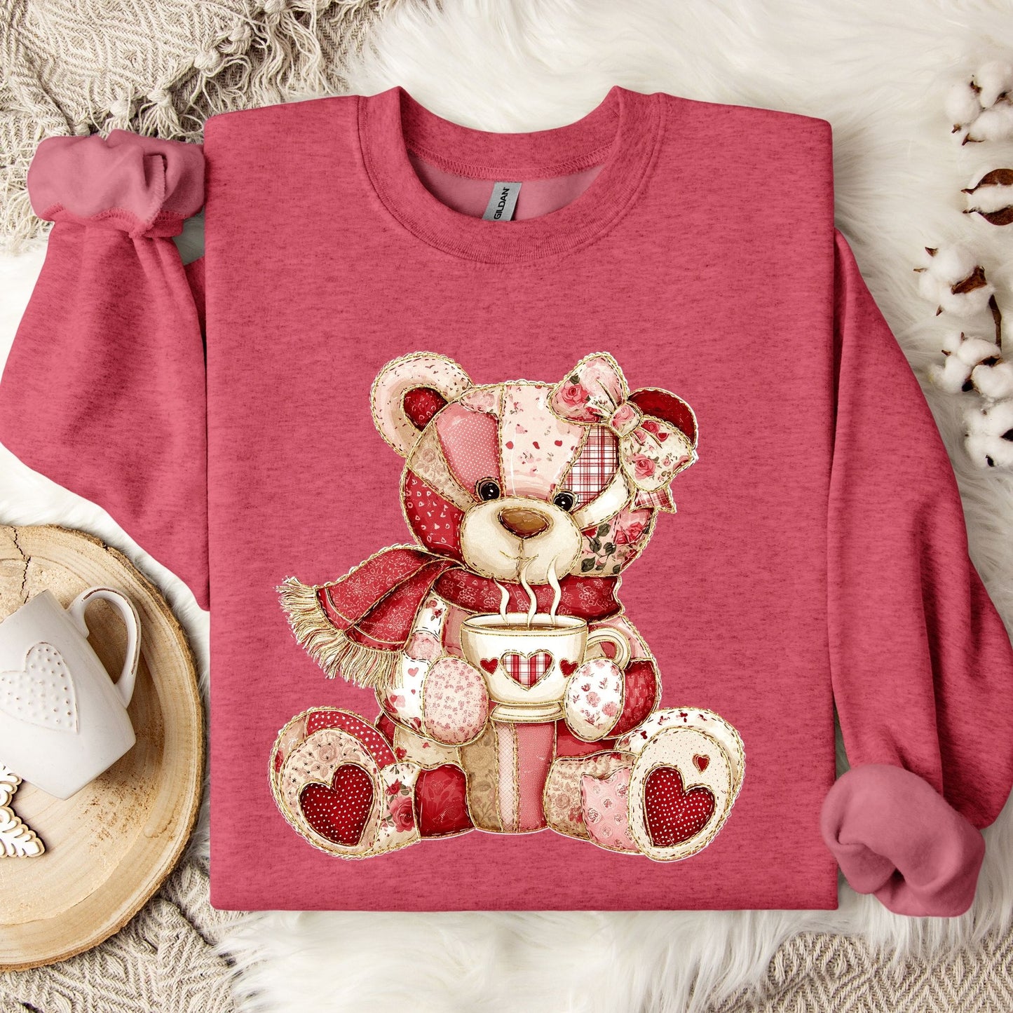 Red Patchwork Country Teddy Bear Sweatshirt