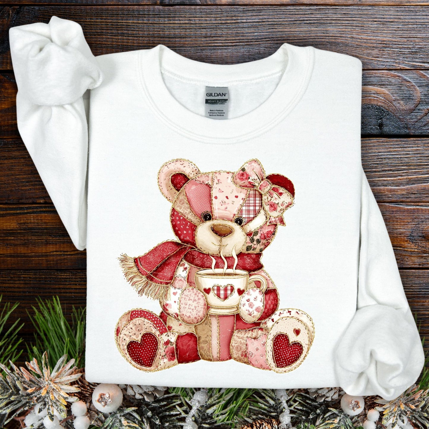 Red Patchwork Country Teddy Bear Sweatshirt