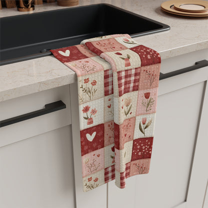 Red & pink heart patchwork microfiber tea towel draped over a kitchen sink.