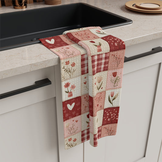 Red & Pink Heart Patchwork Microfiber Tea Towel