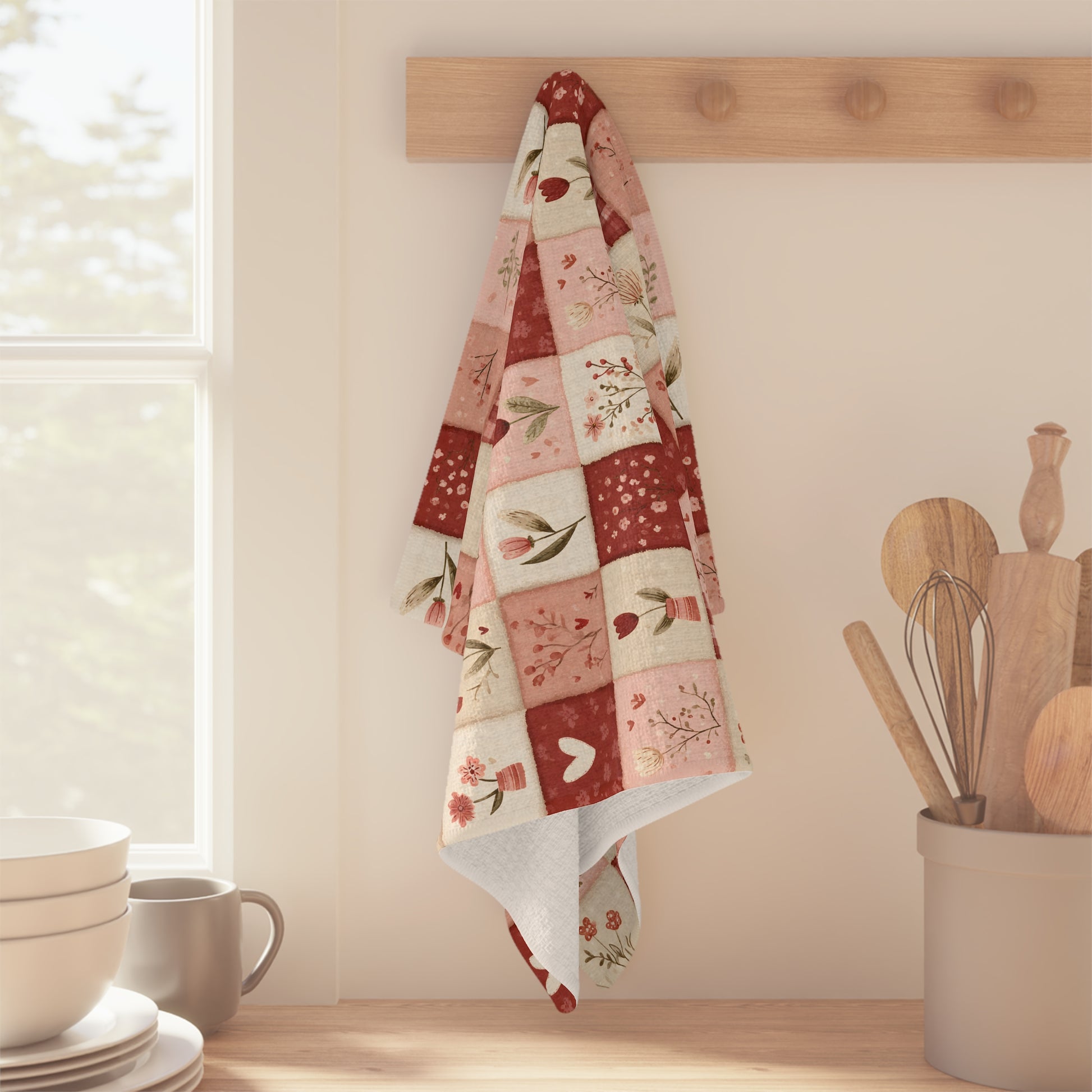 Red & pink heart patchwork microfiber tea towel hanging on a wooden peg rack in a kitchen.