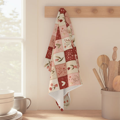 Red & pink heart patchwork microfiber tea towel hanging on a wooden peg rack in a kitchen.