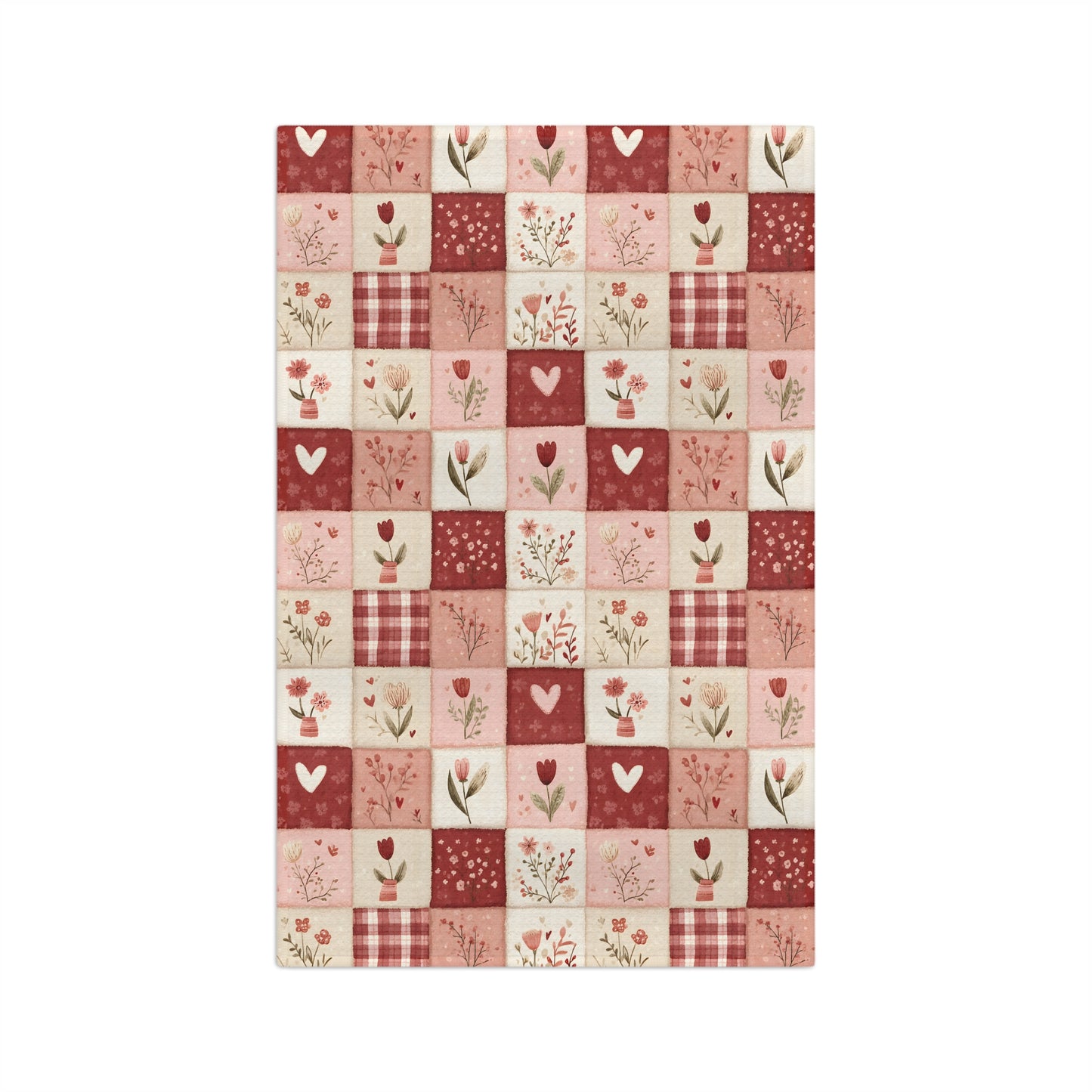 Red & pink patchwork microfiber tea towel with hearts, florals, and gingham checks.