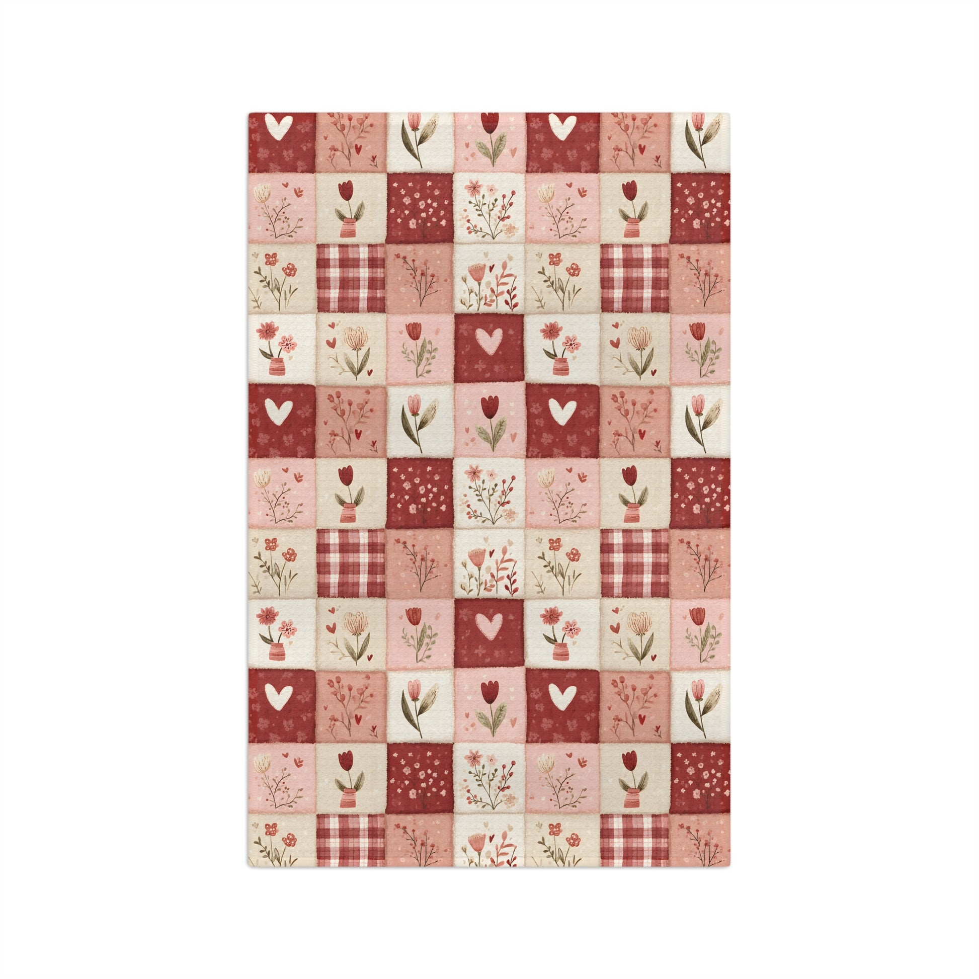 Red & pink patchwork microfiber tea towel with hearts, florals, and gingham checks.