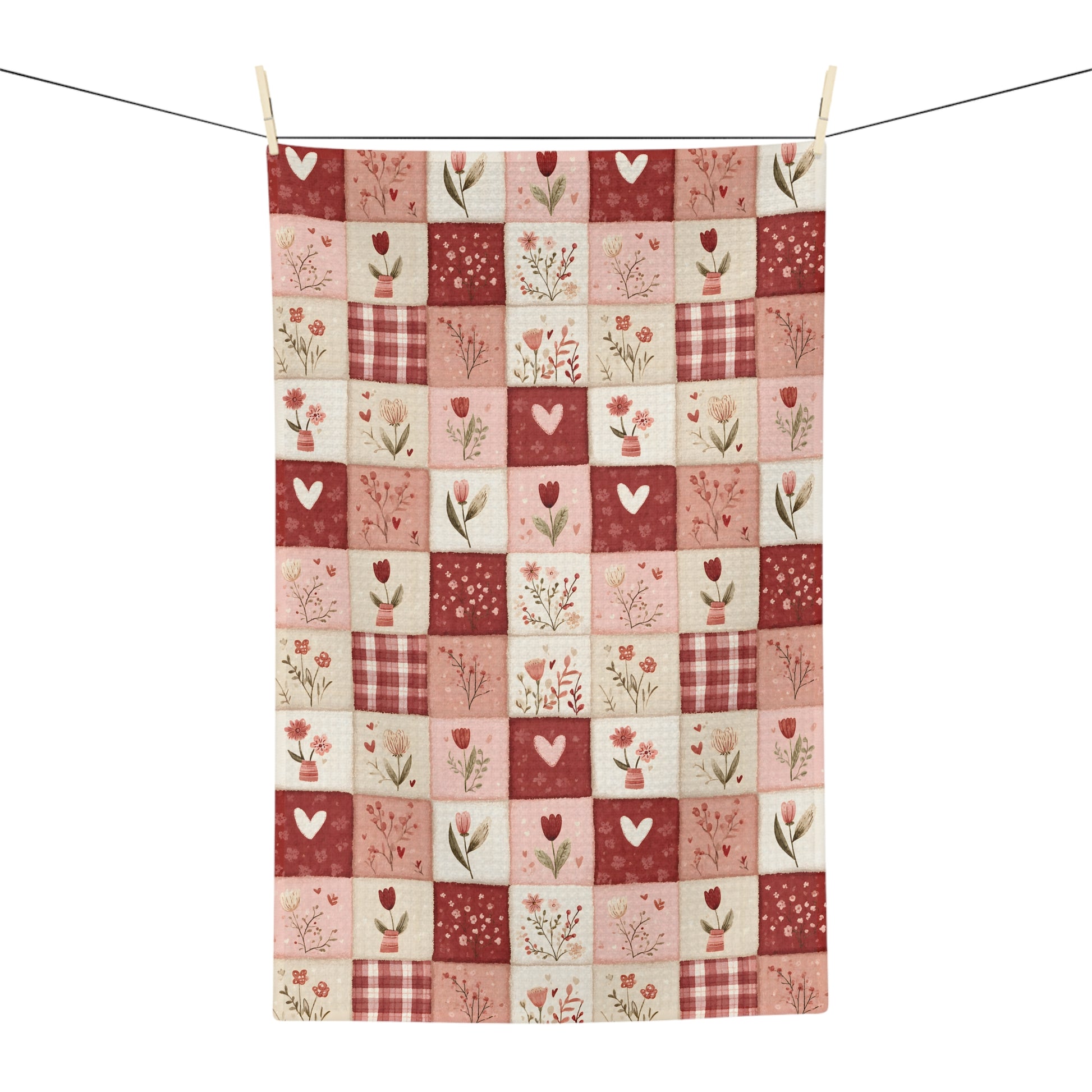 Red & pink heart patchwork microfiber tea towel with roses, florals, and gingham checks.