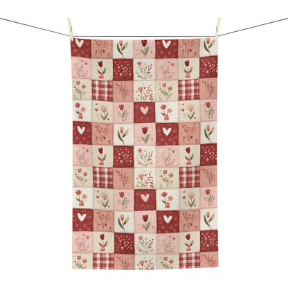 Red & pink heart patchwork microfiber tea towel with roses, florals, and gingham checks.