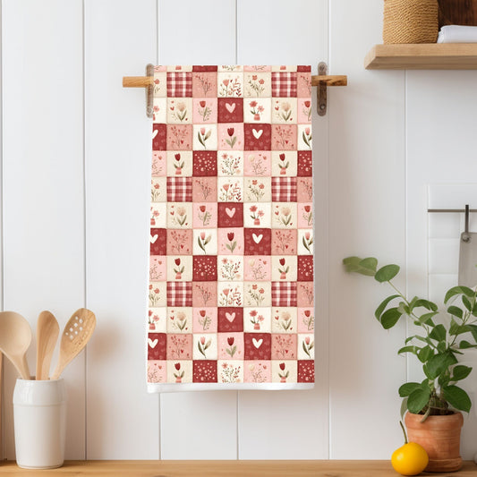 Red & Pink Heart Patchwork Microfiber Tea Towel