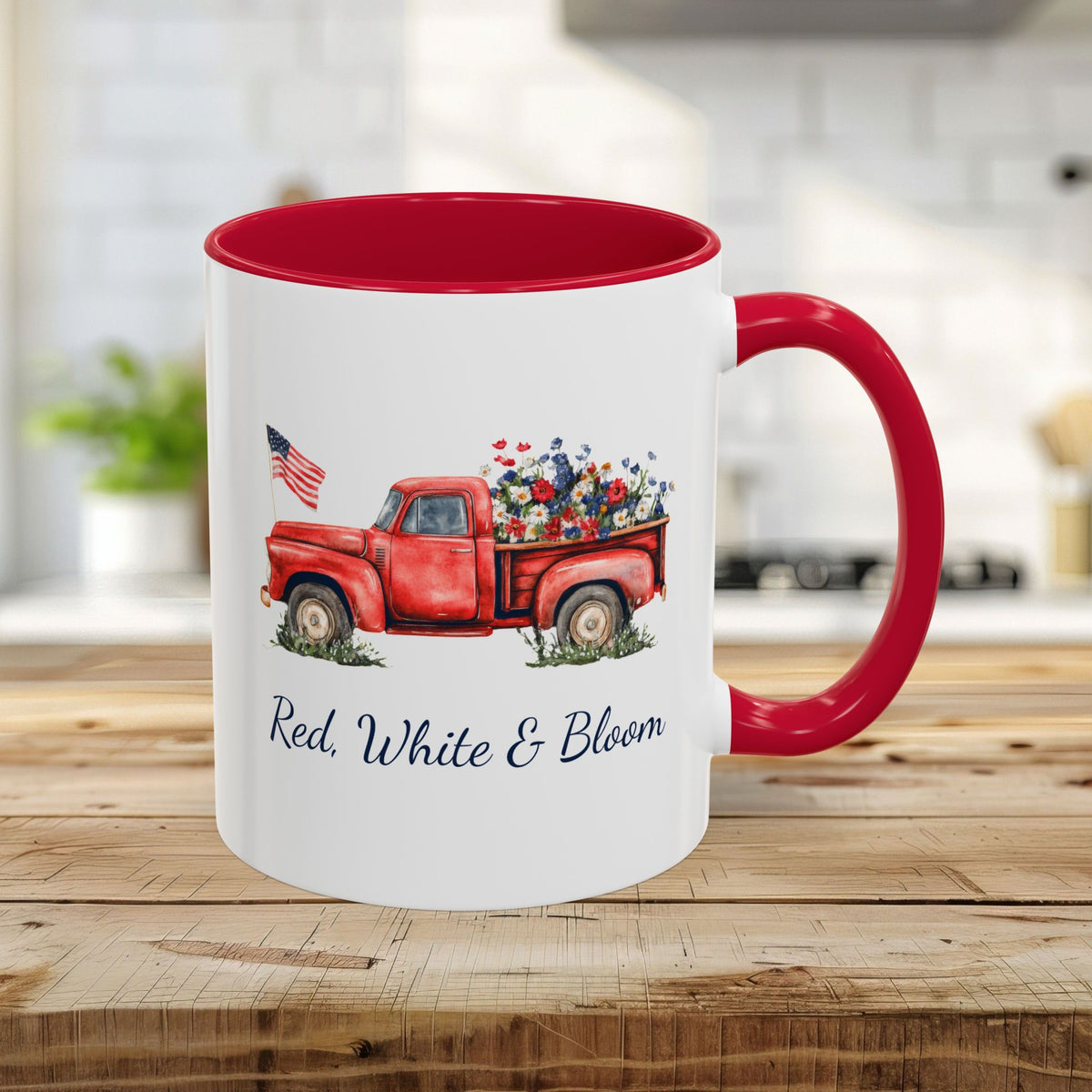 White 11oz ceramic mug with red interior/handle, featuring a watercolor red truck with flowers and "Red, White & Bloom.