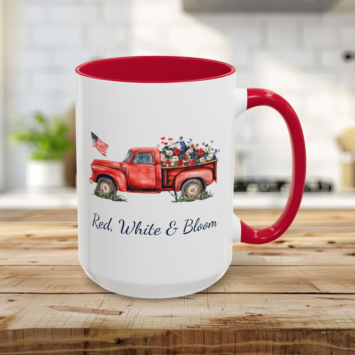 Red, White & Bloom Mug — Patriotic Floral Pickup Truck  (11/15oz)