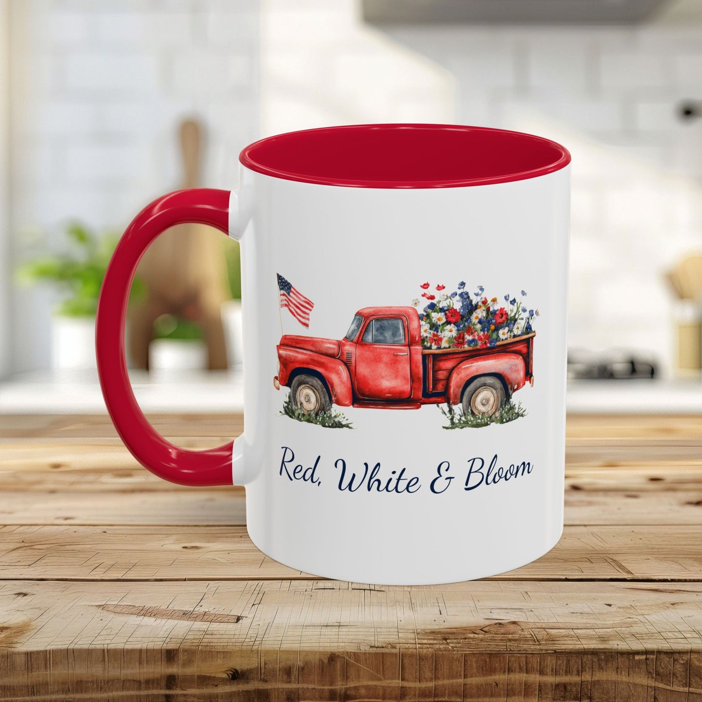 Red, White & Bloom Mug — Patriotic Floral Pickup Truck  (11/15oz)