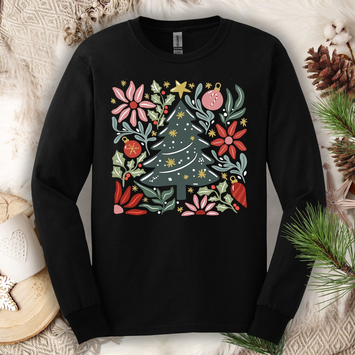 Black Gildan Softstyle long sleeve tee with a vibrant retro Christmas tree and floral design.