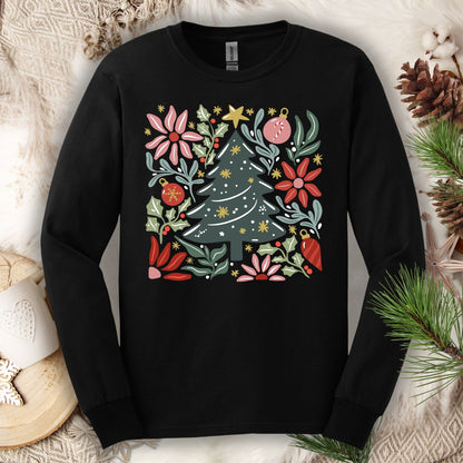 Black Gildan Softstyle long sleeve tee with a vibrant retro Christmas tree and floral design.
