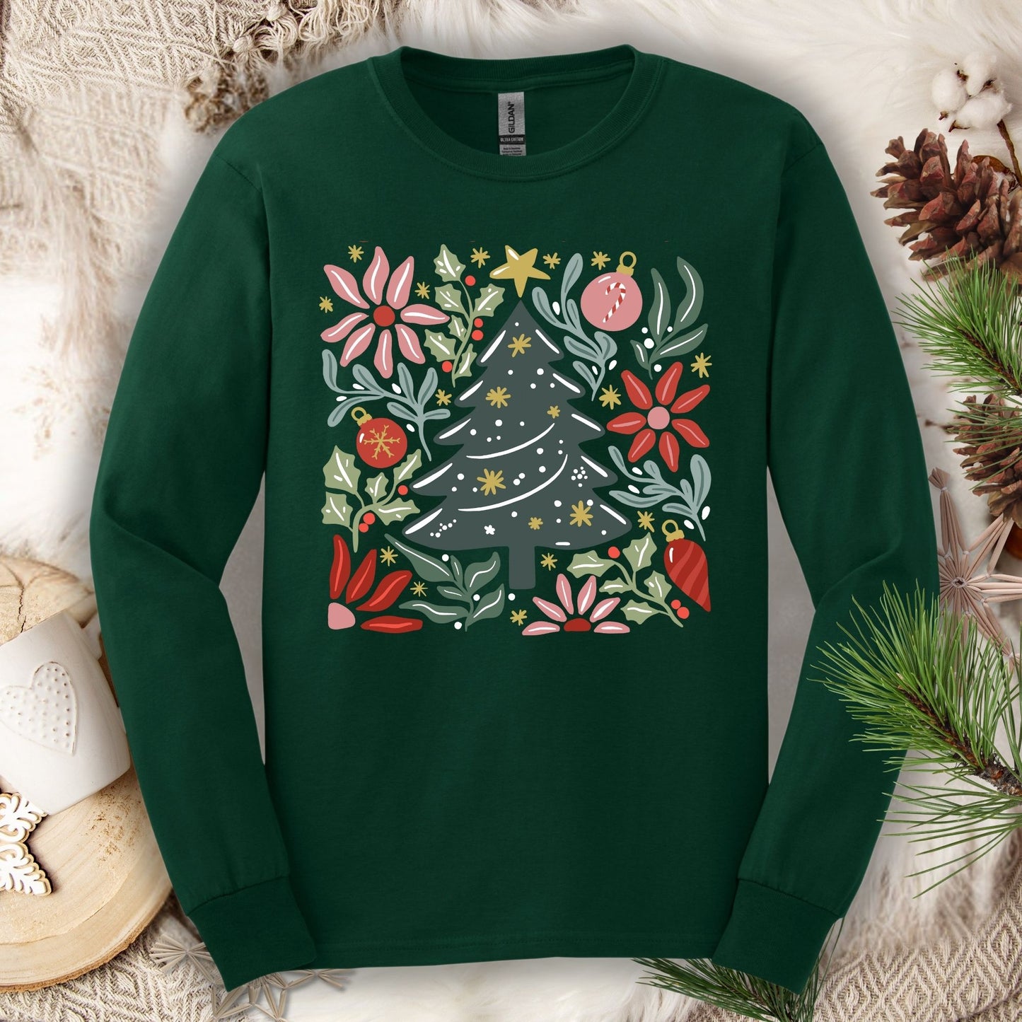 Forest Green Gildan Softstyle long sleeve tee with a retro watercolor Christmas tree and floral design.