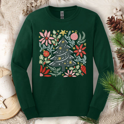 Forest Green Gildan Softstyle long sleeve tee with a retro watercolor Christmas tree and floral design.