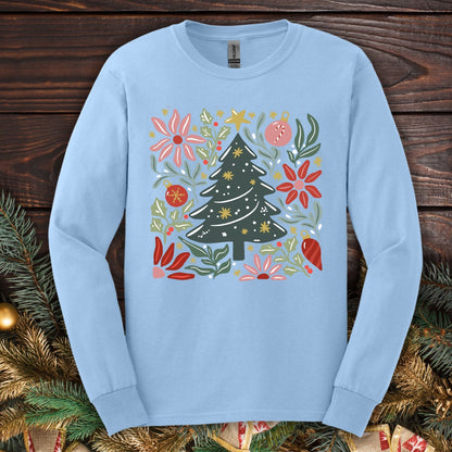 Light blue Gildan Softstyle long sleeve tee with a retro watercolor Christmas tree and floral design.