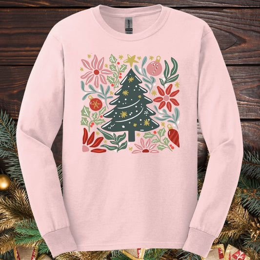 Light pink Gildan Softstyle long sleeve tee with a retro watercolor Christmas tree and floral design.