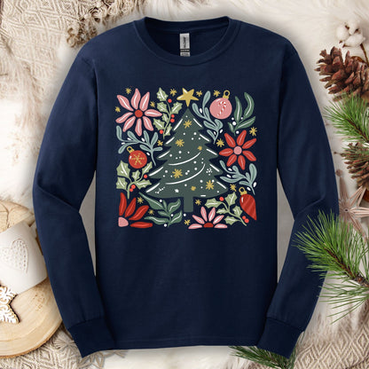 Navy Gildan long sleeve tee with a retro watercolor Christmas tree and floral design.