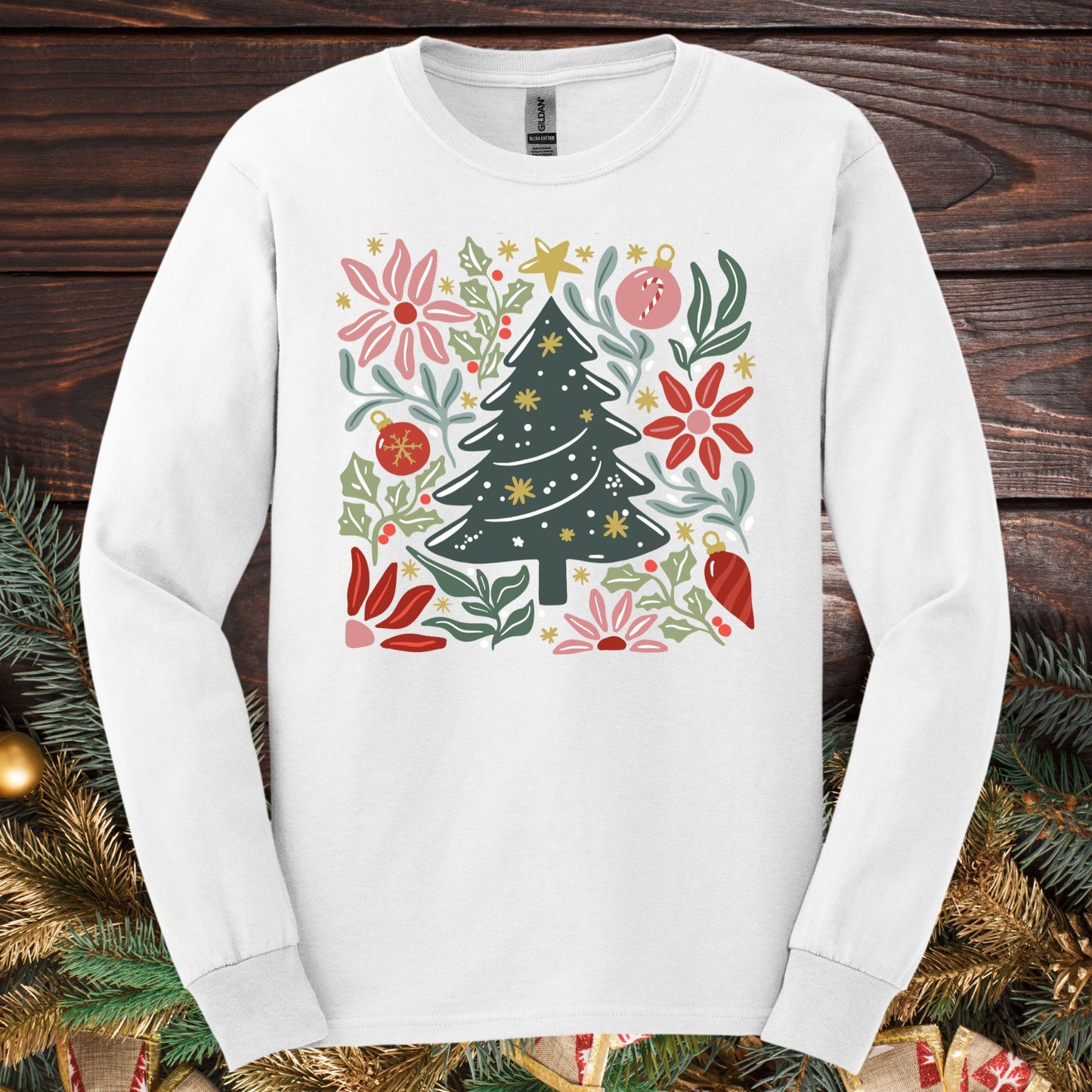 White Gildan Softstyle long sleeve tee with a retro watercolor Christmas tree and whimsical floral design.