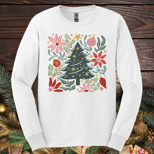 White Gildan Softstyle long sleeve tee with a retro watercolor Christmas tree and whimsical floral design.