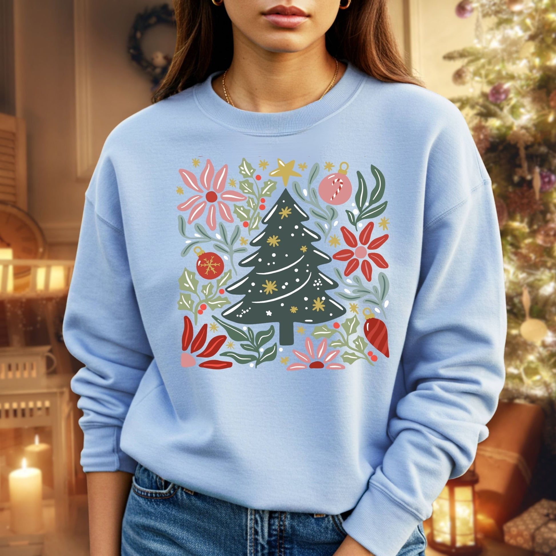 Light blue Gildan fleece sweatshirt with a colorful retro Christmas tree and floral design.