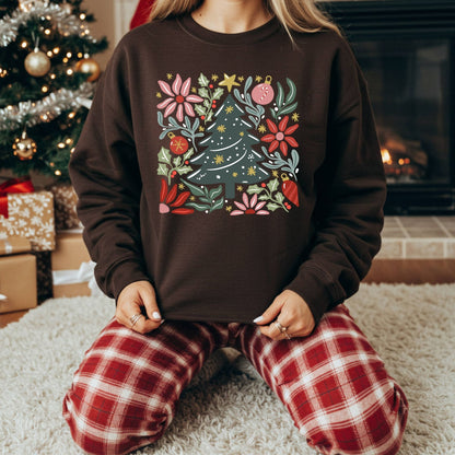 Brown Gildan fleece sweatshirt with a colorful retro Christmas tree and floral design.