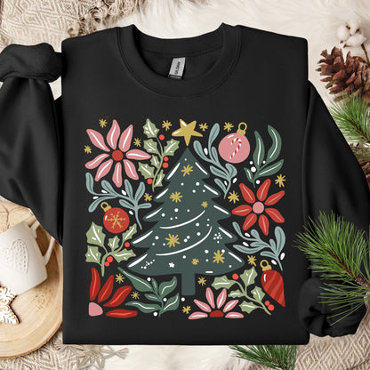 Black Gildan fleece sweatshirt with a colorful retro Christmas tree and floral design.
