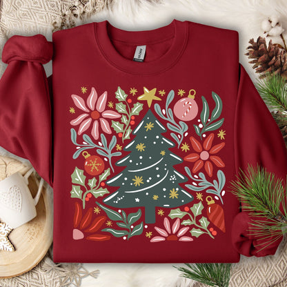 Cardinal Red Gildan fleece sweatshirt with a colorful retro Christmas tree and floral design.