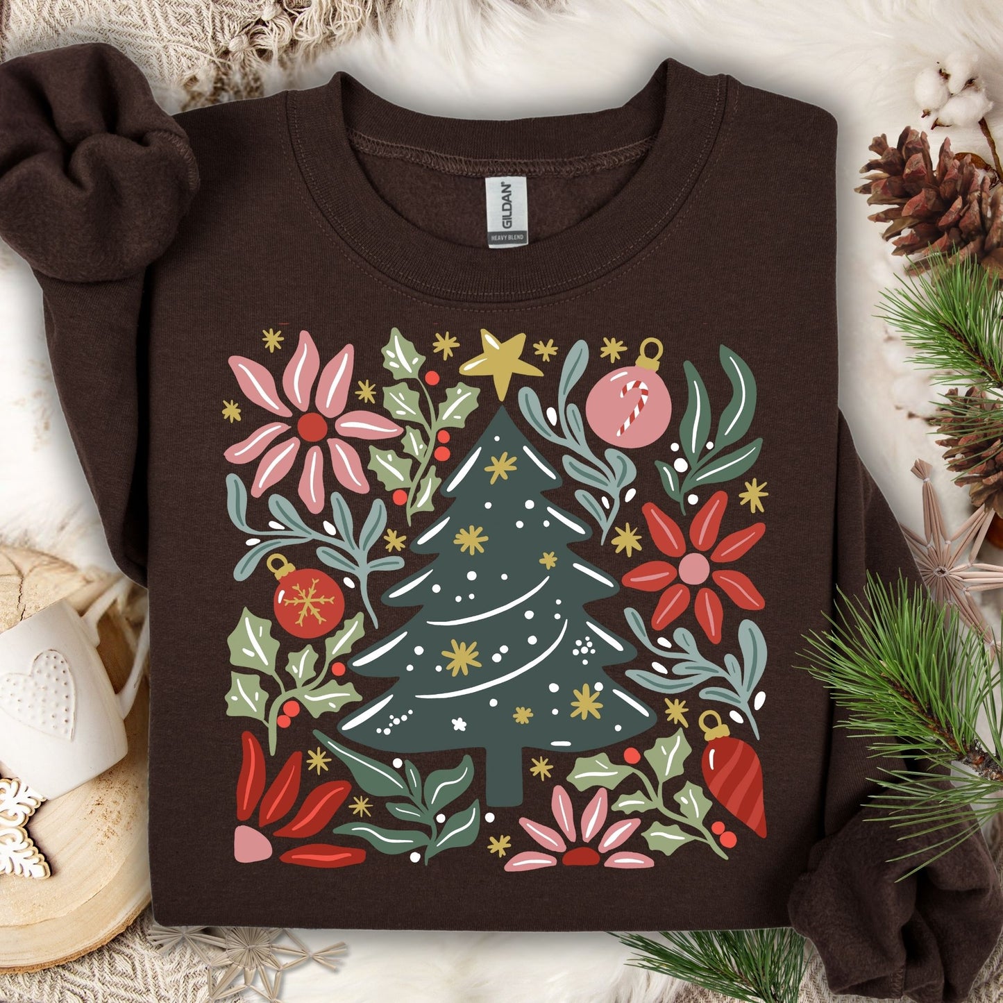 Dark Chocolate Gildan sweatshirt with a colorful retro Christmas tree and floral design.