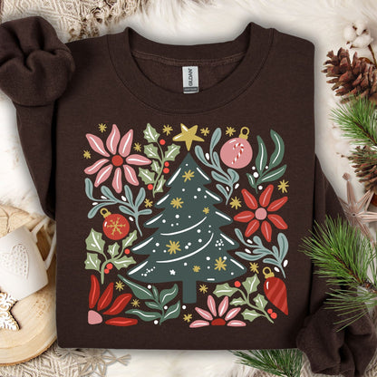 Dark Chocolate Gildan sweatshirt with a colorful retro Christmas tree and floral design.