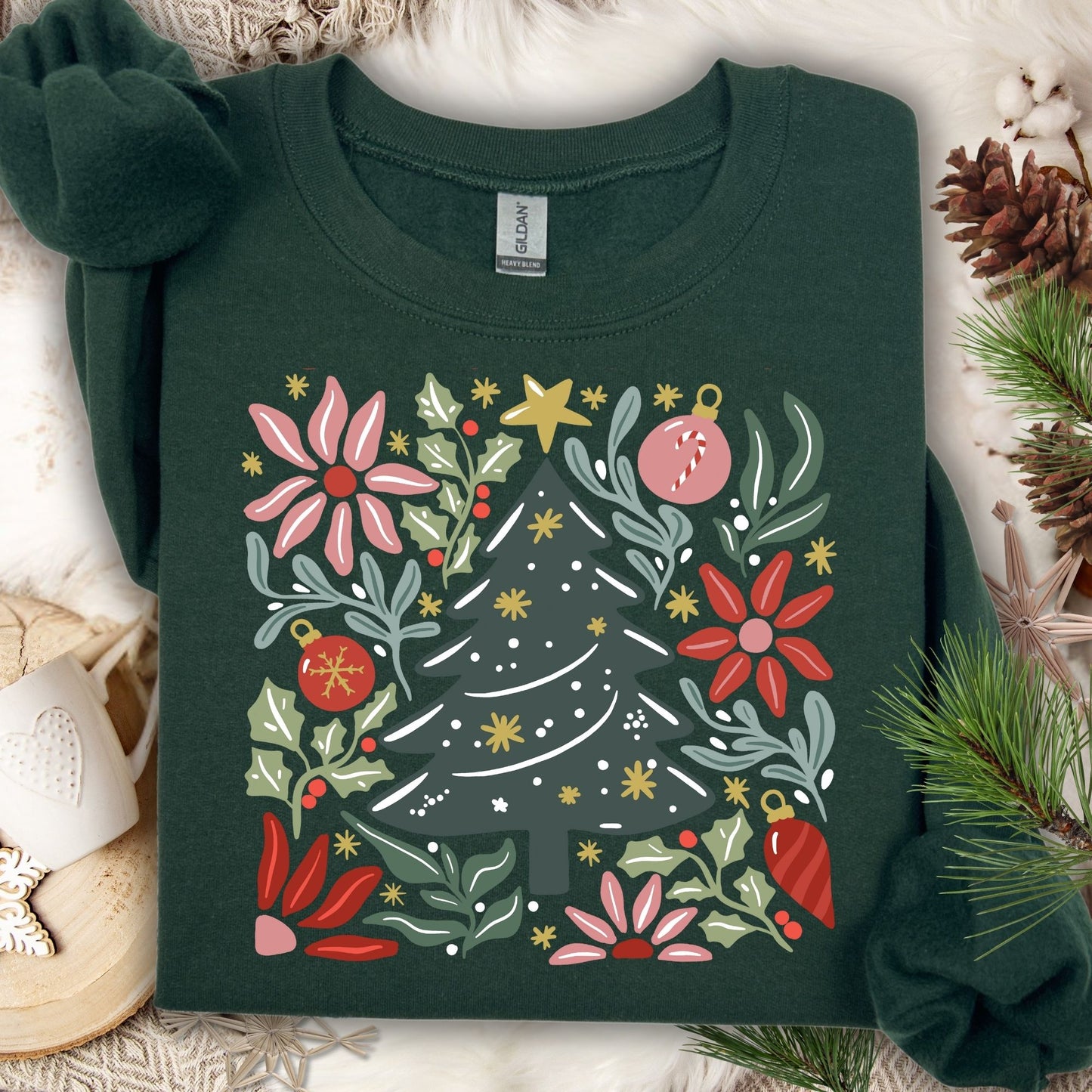 Forest Green Gildan fleece sweatshirt with a colorful retro Christmas tree and floral design.