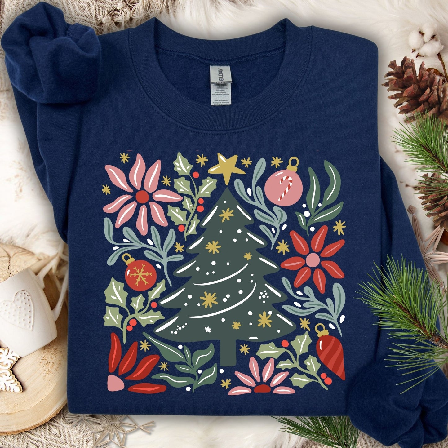 Navy Gildan fleece sweatshirt with a colorful retro Christmas tree and floral design.