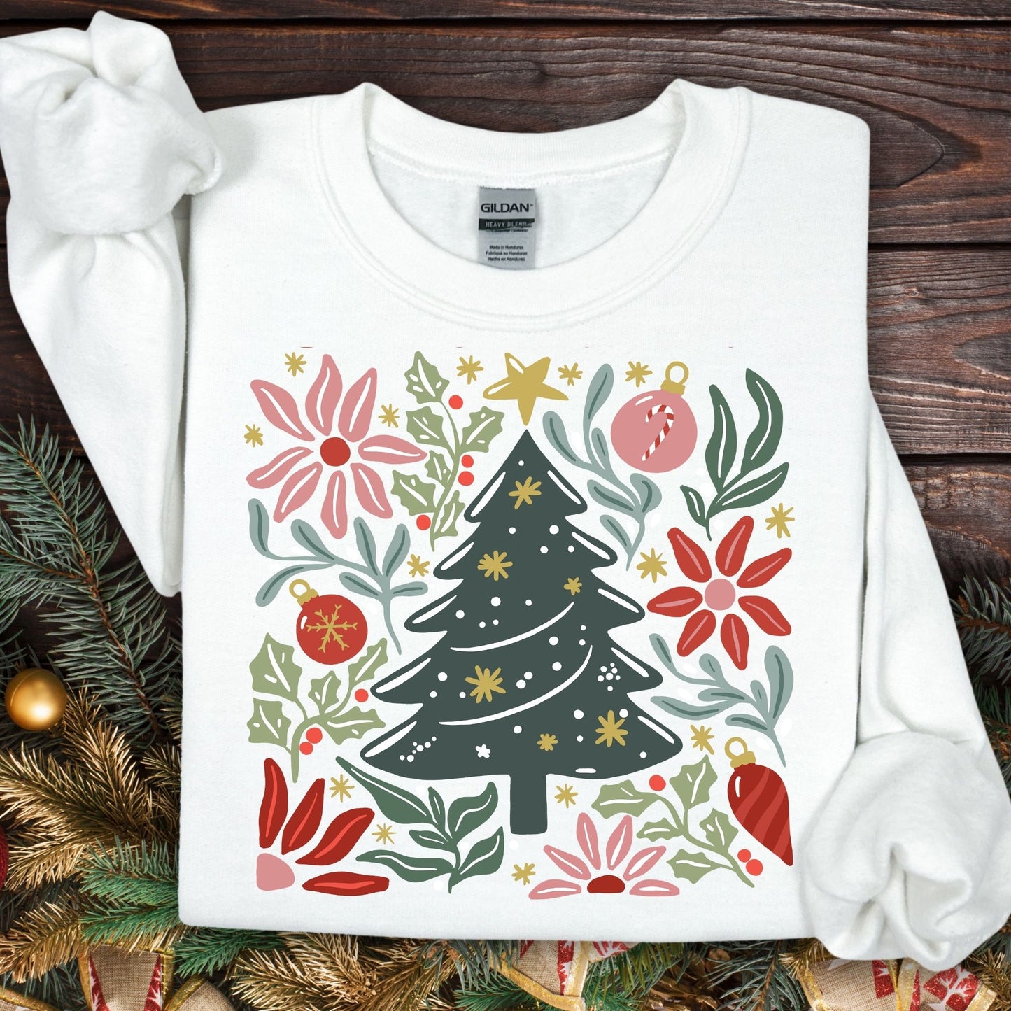 White Gildan fleece sweatshirt with a colorful retro Christmas tree and floral design.