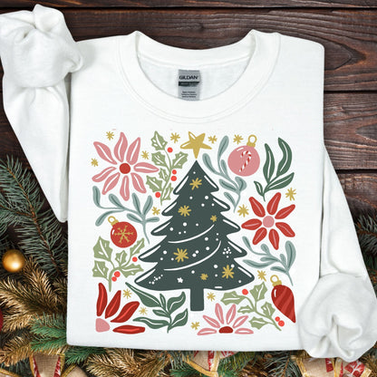 White Gildan fleece sweatshirt with a colorful retro Christmas tree and floral design.