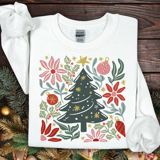 White Gildan fleece sweatshirt with a colorful retro Christmas tree and floral design.