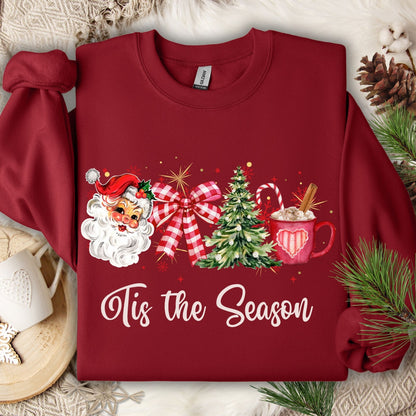 Red Gildan long sleeve tee with retro Santa, Christmas tree, red bow, hot cocoa, and "Tis the Season" text.