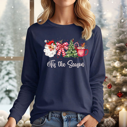 Navy long sleeve tee with retro Santa, Christmas tree, red ribbon, hot cocoa, and "'Tis the Season" text.